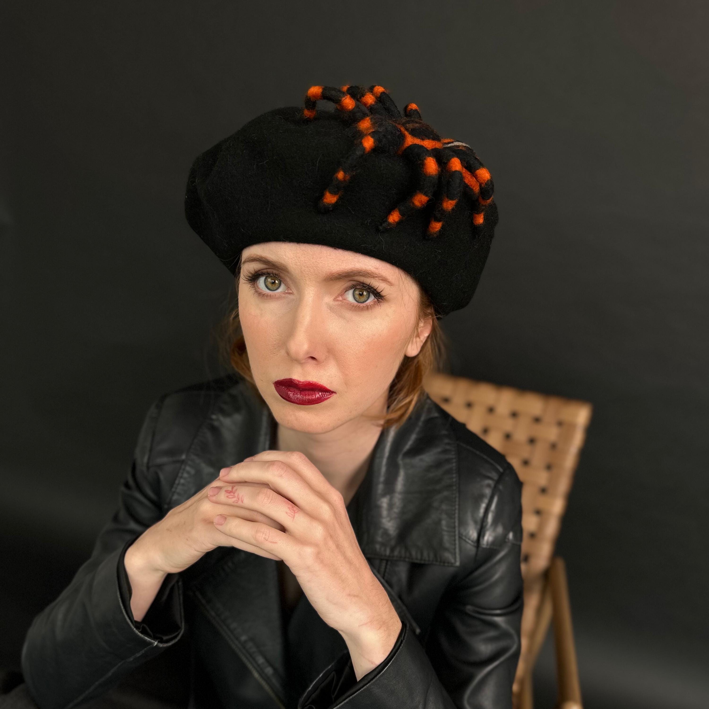 Felted Art Beret With Spider – Handmade Cashmere Wool Hat, Unique