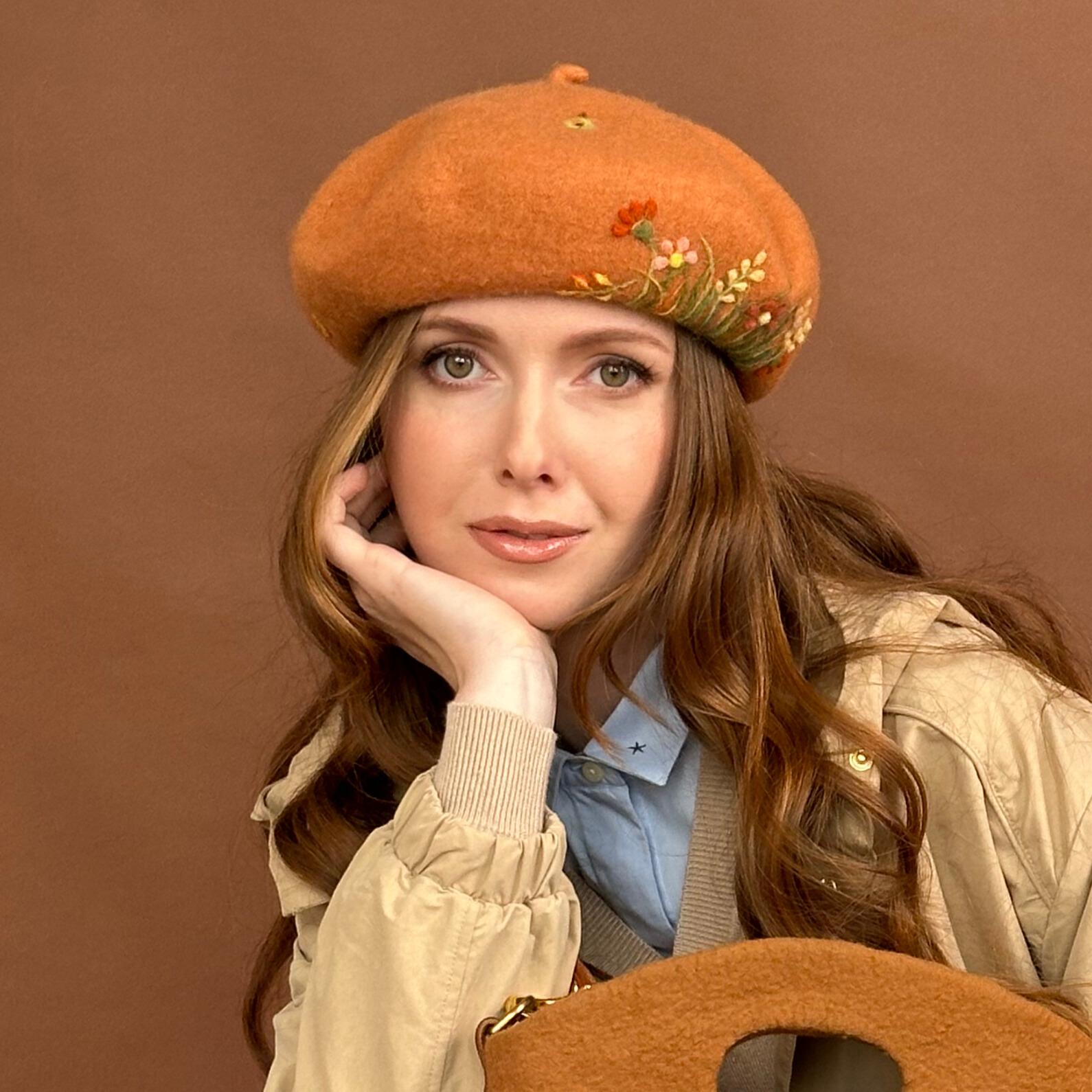 Green Wool Beret With Hand Felted Flowers – Handmade Spring 