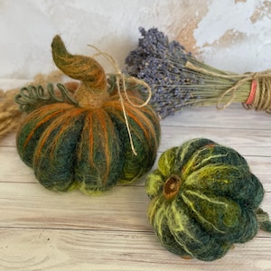 Può includere: Due zucche in feltro fatte a mano nei toni del verde, arancione e giallo sono su una superficie di legno. Una ha un lungo gambo curvo e dettagli in spago. L'altra è più piccola e rotonda. Lavanda secca e spighe di grano sullo sfondo.