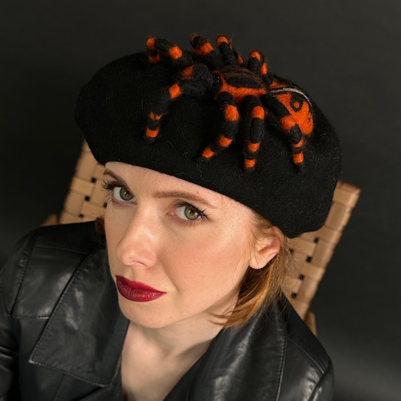 Felted Art Beret With Spider – Handmade Cashmere Wool Hat, Unique