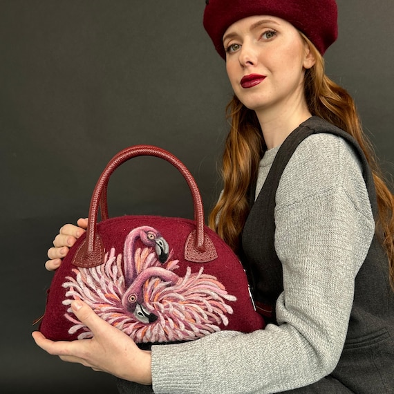 Burgundy Felted Wool Handbag – Needle Felt Flamingo Art Purse 