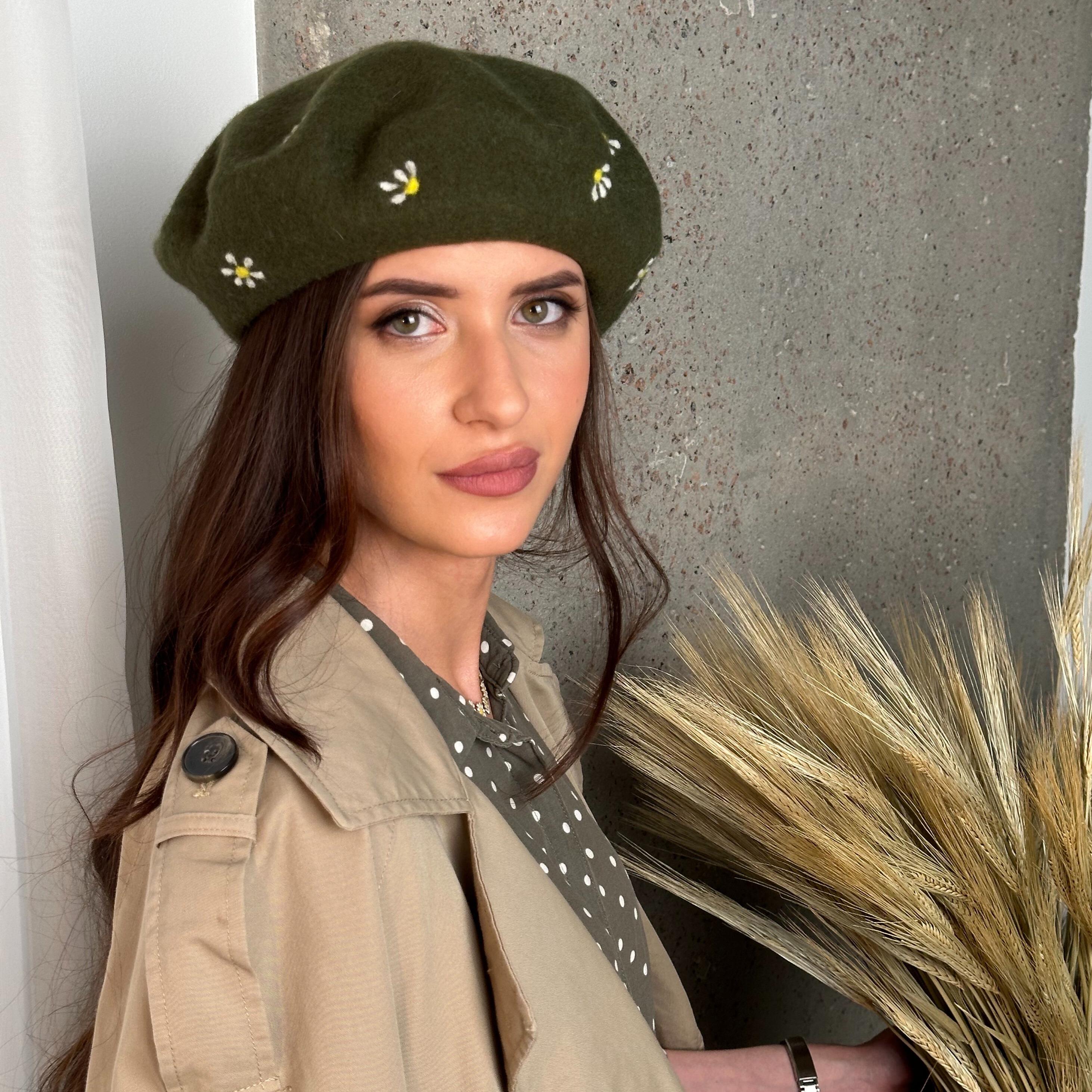 5168 Handmade Wool Beret Hat French Style Needle Felt Flower Beanies Women Amazon.com: Flower Embroidery Beret Hat for Women, French  main image 2