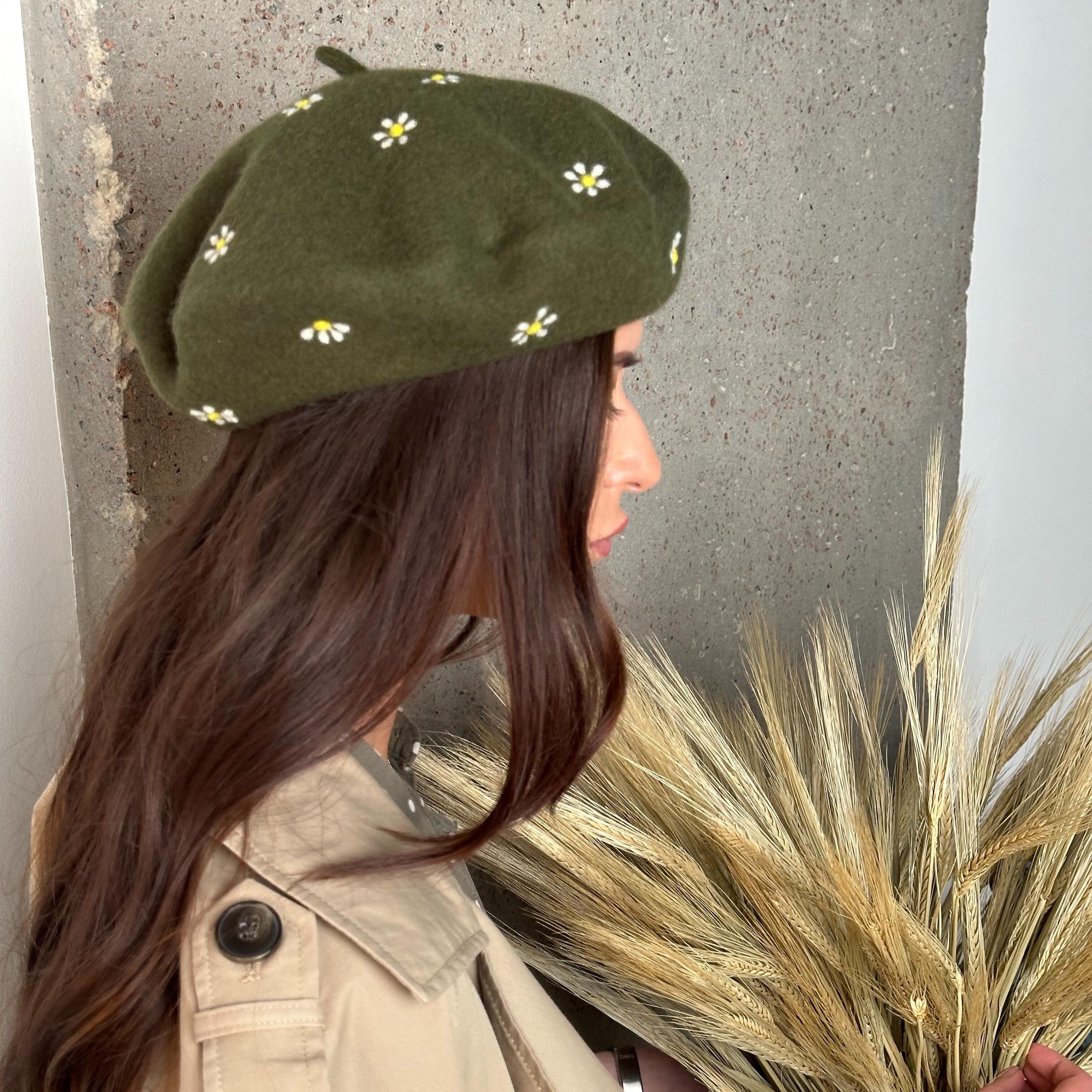 7678 Women Wool Beret Solid Color Floral French Beanie Cap Hat Handmade Felt Floral Embroidered French Beret, Hand Embroidery Beret Women  main image 4