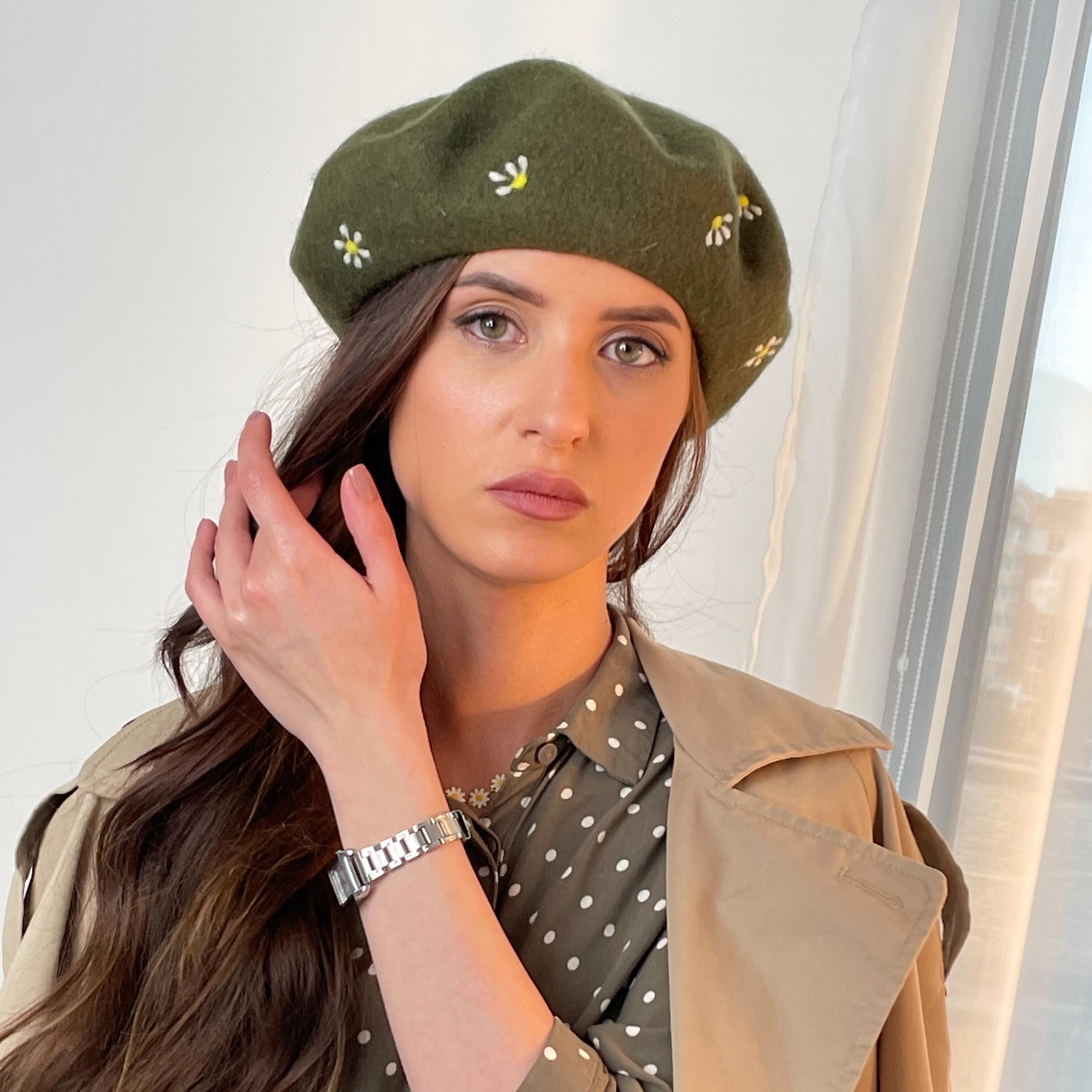 9575 Daisy Flower Hat Handmade Wool Beret French Style Needle Felt Handmade Wool Beret. Green Flower Beret, French Vintage  main image 3