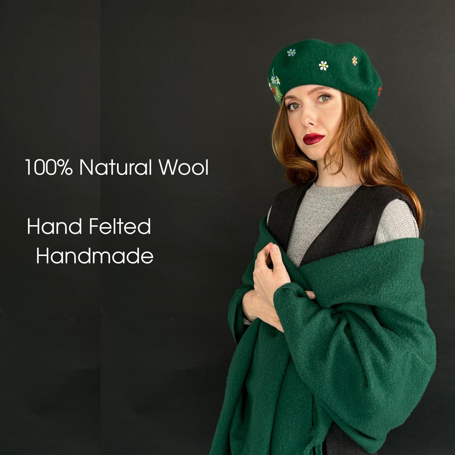 Green Wool Beret With Hand Felted Flowers – Handmade Spring 