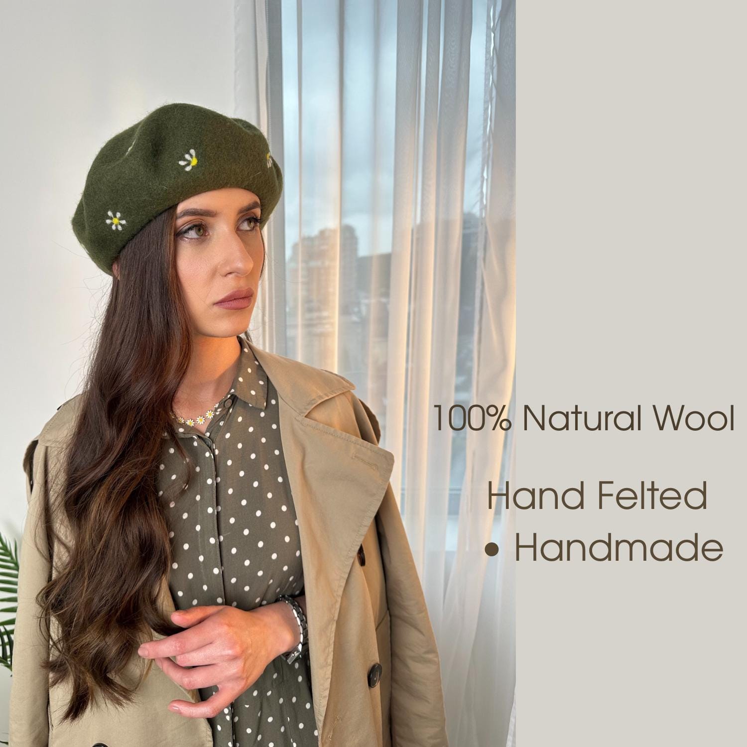 Handmade Wool Beret. Green Flower Beret, French Vintage 