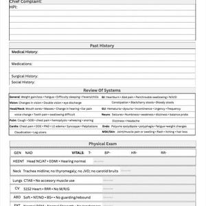 May include: A medical form with sections for patient information, medical history, and physical examination. The form includes fields for chief complaint, review of systems, and vital signs. The text is in black on a white background.
