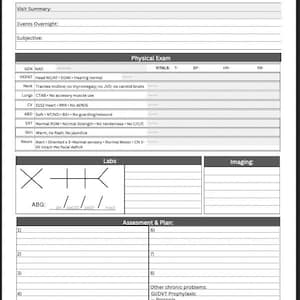 May include: A white medical form with sections for patient information, physical exam details, and assessment notes. The form includes spaces for vital signs, lab results, and a plan of care. The text includes medical terminology.