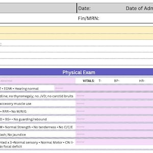 Puede incluir: Un formulario médico con campos para información del paciente, resumen de la visita y detalles del examen físico. El formulario incluye secciones para signos vitales y un examen físico.