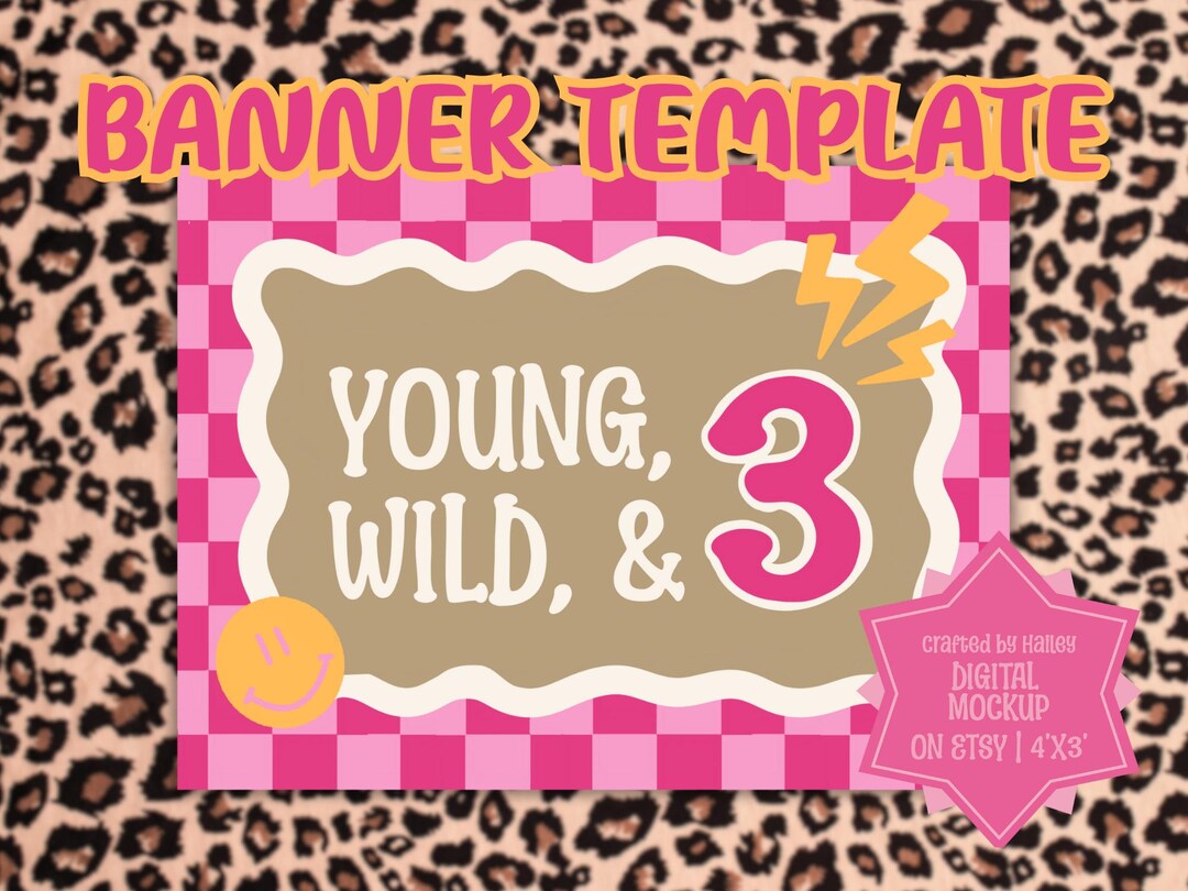 Young Wild & Three Banner Template | Retro 3rd Birthday (digital ...