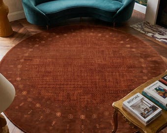 Alfombra redonda de lana Gabbeh Loribaft tejida a mano de 200 cm, alfombra circular tejida a mano con motivos geométricos tribales en terracota, auténtica alfombra persa bohemia de lujo.