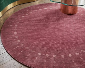 Alfombra redonda de lana Loribaft Gabbeh tejida a mano - Rosa empolvado, burdeos, tribal, geométrica, persa, alfombra circular - Alfombra moderna de lujo estilo boho para habitación infantil