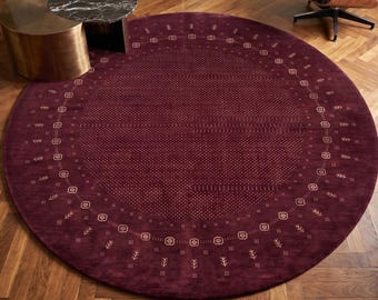 Alfombra redonda de lana Loribaft Gabbeh de lujo de 200 cm, tejida a mano, color burdeos intenso, con diseño geométrico tribal persa, alfombra circular estilo boho moderno para sala de estar.