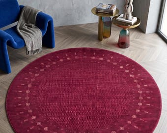 Alfombra redonda de lana de 8x8 pies de Gabbeh Loribaft tejida a mano, color magenta intenso, alfombra circular geométrica tribal persa, alfombra de área tejida a mano de estilo bohemio ultralujoso.