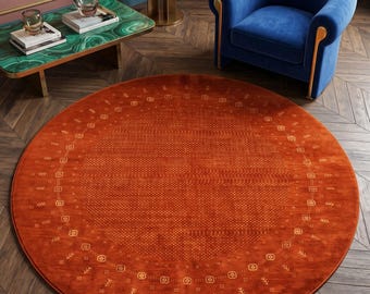 Alfombra redonda de lana tejida a mano Gabbeh Loribaft - Terracota, óxido, naranja, tribal, geométrica, bohemia, persa, 2,4 x 2,4 m, para una decoración de lujo del hogar.