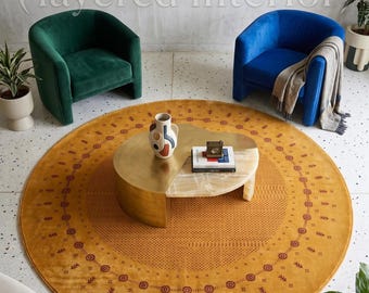 Alfombra redonda de lana Loribaft Gabbeh tejida a mano en color amarillo mostaza de 2,4 m (8 pies) - Alfombra circular persa de estilo bohemio tribal geométrico para sala de estar. Decoración de lujo para sala de estar.