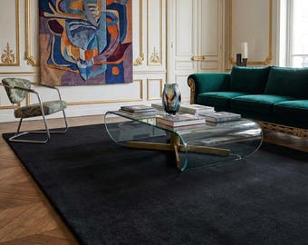Alfombra de lana negra pura tejida a mano / Alfombra de lujo de pelo largo y grueso / Alfombra moderna minimalista negra azabache para sala de estar y pasillo.