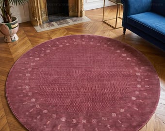 Alfombra redonda de lana tejida a mano Gabbeh Loribaft color burdeos con motivos tribales geométricos. Alfombra persa premium de lujo moderna para sala de estar de 8x8 pies.