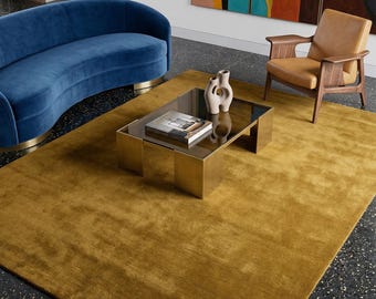 Alfombra de lana tejida a mano color amarillo mostaza - Alfombra moderna contemporánea de lujo, suave y de pelo largo color ocre dorado