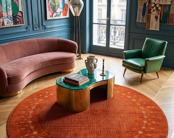 Alfombra redonda de lana tejida a mano Loribaft Gabbeh de 200 cm - Terracota naranja quemado, alfombra circular geométrica persa tribal, alfombra de lujo estilo boho.