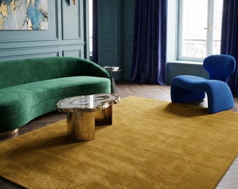 Alfombra de lana amarilla mostaza tejida a mano / Alfombra de lujo de pelo alto color ocre / Alfombra moderna minimalista de color liso para sala de estar y dormitorio