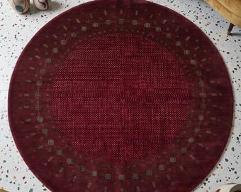 Alfombra redonda de lana Loribaft Gabbeh color burdeos tejida a mano - 200 cm Alfombra circular geométrica tribal persa tejida a mano Alfombra de área moderna de lujo estilo boho