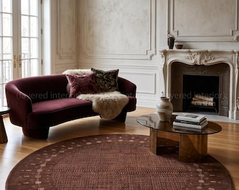 Alfombra redonda de lana Loribaft Gabbeh tejida a mano de 2,4 x 2,4 m (8 x 8 pies) – Alfombra circular moderna persa con diseño geométrico tribal en tonos tierra y decoración bohemia para sala de estar.