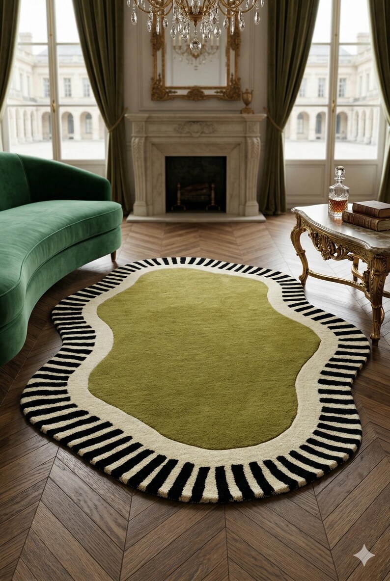 Irregular Shaped Hand Tufted Wool Rug | Olive Green Asymmetrical Area ...