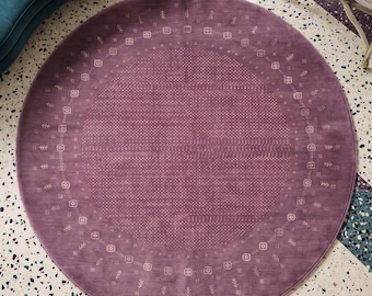 Alfombra redonda de lana Loribaft Gabbeh tejida a mano de 200 cm - Alfombra circular geométrica tribal moderna color malva empolvado - Alfombra minimalista de lujo estilo boho