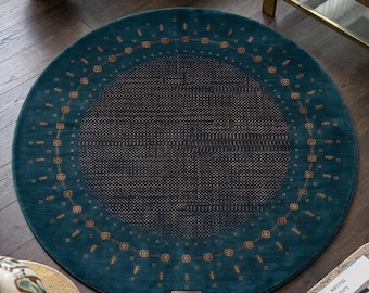 Alfombra redonda Gabbeh Loribaft de 2,4 m (8 pies) de largo, color verde azulado intenso, tejida a mano - Alfombra de lujo de lana persa con motivo geométrico tribal de medallón, estilo bohemio para sala de estar.