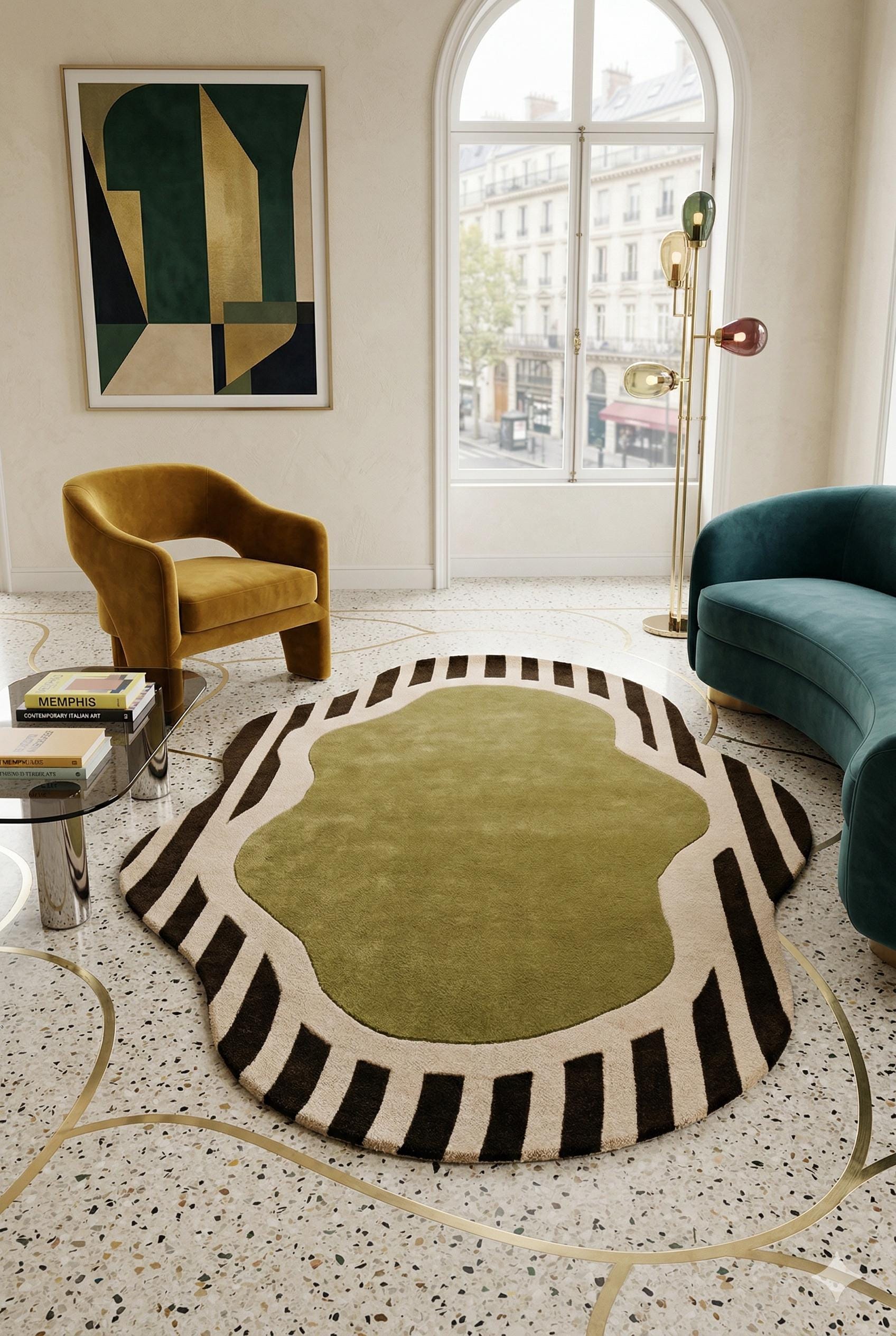 Irregular Shaped Hand Tufted Wool Rug | Olive Green Asymmetrical Area ...