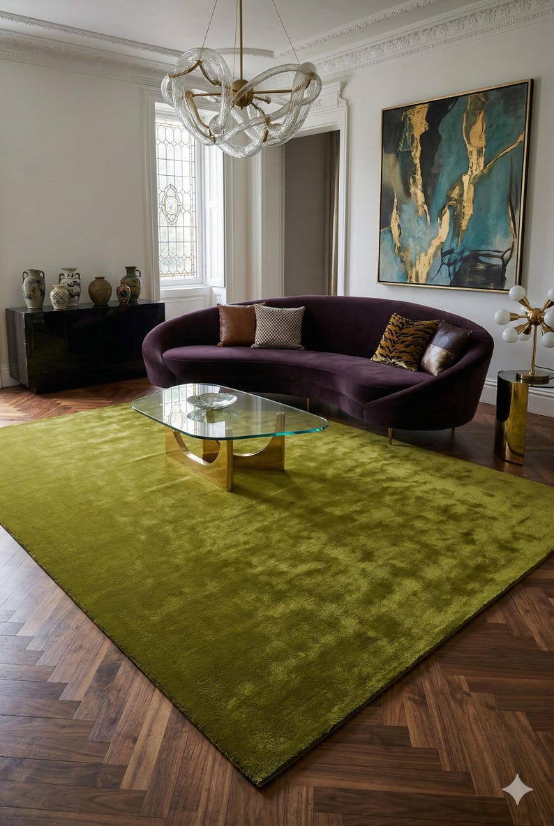 Hand Tufted Wool Area Rug Plush Chartreuse Lime Moss Green High Pile ...