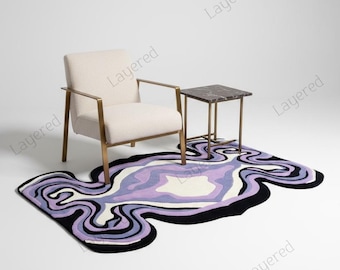 Hand Tufted Abstract Wool Rug | Purple Black Wavy Area Rug | Custom Modern Home Decor