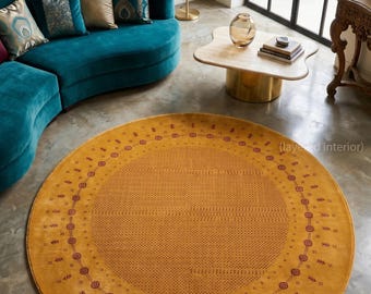 Alfombra redonda de lana tejida a mano Gabbeh Loribaft de 200 cm, color amarillo mostaza, estilo tribal geométrico persa, alfombra minimalista bohemia para sala de estar o dormitorio.