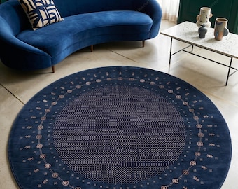 Alfombra redonda Gabbeh Loribaft de 200 cm, azul marino, tejida a mano - Alfombra circular de lana, estilo tribal geométrico moderno persa, alfombra de lujo para el hogar.