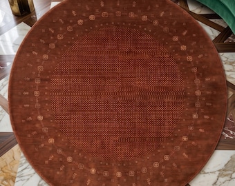 Alfombra redonda de lana tejida a mano Gabbeh Loribaft de 2,4 x 2,4 m, color terracota, estilo tribal geométrico minimalista bohemio, ideal para la decoración de la sala de estar y el dormitorio.