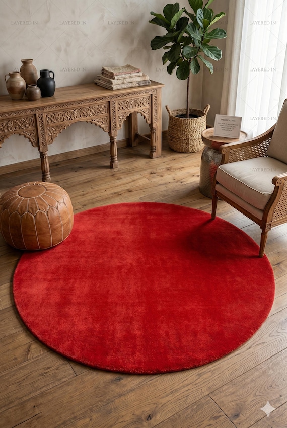 Roter Runder Teppich, Solider Handwebteppich aus reiner Wolle, Handgewebter Teppich, Roter Teppich, Minimalistische Bodenmatte für Schlafzimmer, Modernes Wohnzimmerdekor