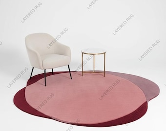 Hand Tufted Wool Rug, Pink Burgundy Abstract Organic Shape Carpet