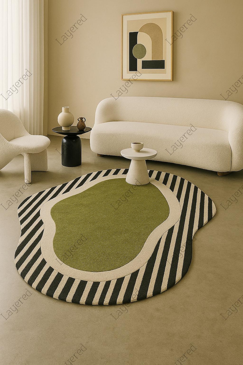 Rcc Rugs Irregular Shaped Hand Tufted Wool Rug | Olive Green Asymmetrical Area ...