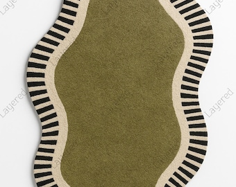 Alfombra de lana tejida a mano – Alfombra moderna abstracta verde, negra y crema / Tamaño y color personalizados / Sala de estar, dormitorio, decoración contemporánea, alfombra nórdica