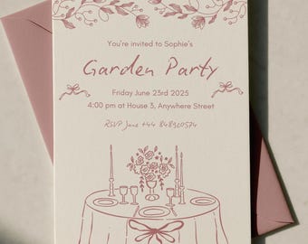 Hand Drawn Floral Garden Party Invitation Canva Template (Digital Download)
