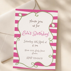 Whimsical Editable Birthday Party Invitation | Cursive Hand Drawn Canva Template | Bold Stripe Invite | Fancy Nancy Theme Digital Download