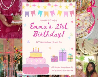 Fancy Nancy Birthday Invitation | Pink Whimsical Party Invite | Doodle Illustration Whimsy Canva Template | Stars Bright Digital Download
