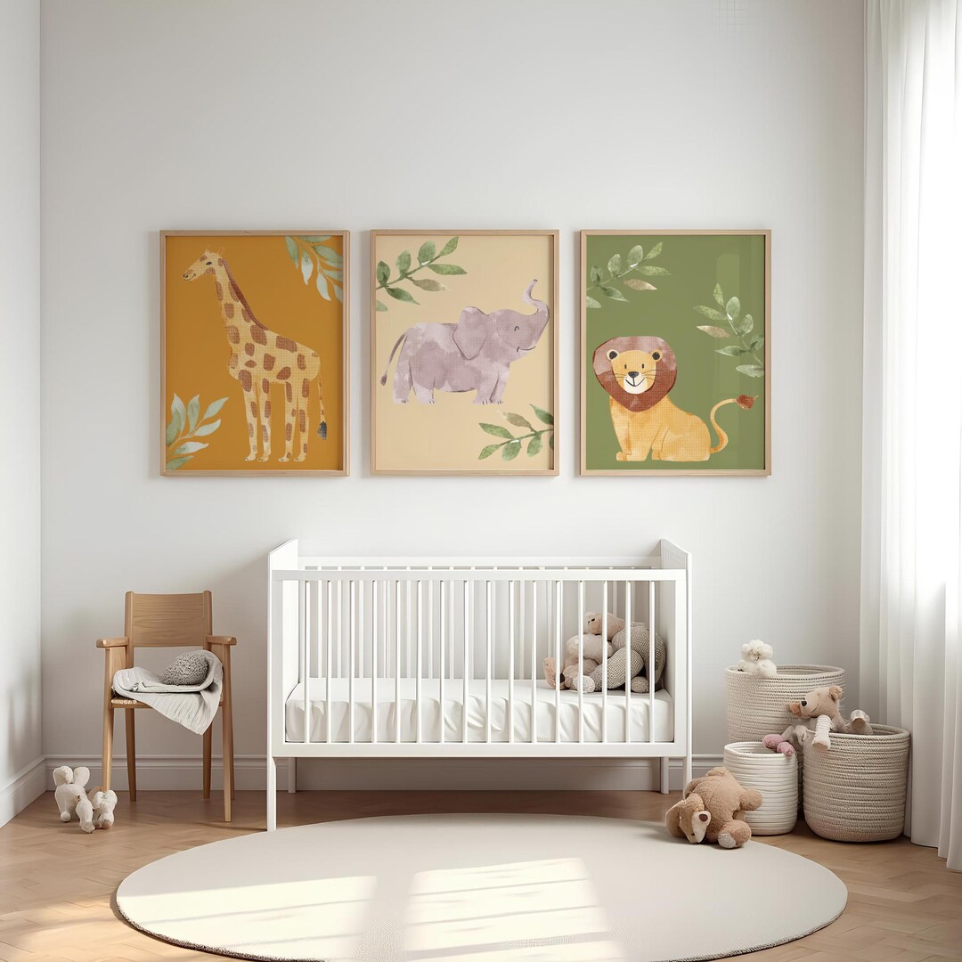 Neutral Safari Nursery Wall Art Set of 3 | Giraffe Elephant Lion Prints ...