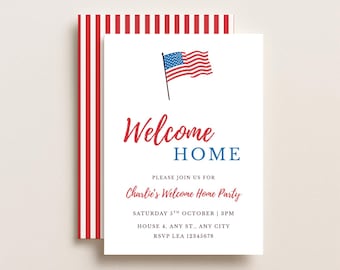 May include: A white invitation card with a red and white striped backing. The card features a small American flag graphic, the text Welcome HOME, and details for Charlie's Welcome Home Party on Saturday 5th October at 3PM at House 4.