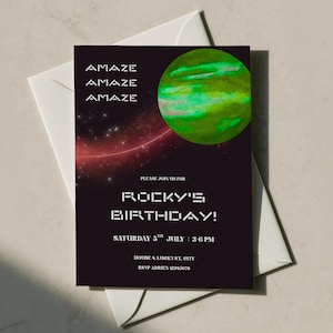 May include: A black birthday invitation with the text "AMAZE" repeated three times. The invitation features a green planet graphic and the words "ROCKY'S BIRTHDAY!" with the date and time. The invitation is inside a white envelope.