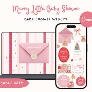Könnte beinhalten: Eine digitale Babyparty-Website-Vorlage auf einem Laptop und Smartphone. Das Design zeigt rosa Streifen, einen rosa Umschlag mit Wachssiegel, einen Weihnachtsbaum, einen Teddybären, einen Lebkuchenmann und Text wie Merry Little Baby Shower.