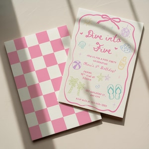 May include: A rectangular invitation card with a pink checkered back and a front featuring the text Dive into Five, Join us for a pool party celebrating Olivia's 5th Birthday, Friday, 12th June at 3:00PM, 123 Anywhere St., Any City, RSVP Alex at 123-456-1890.