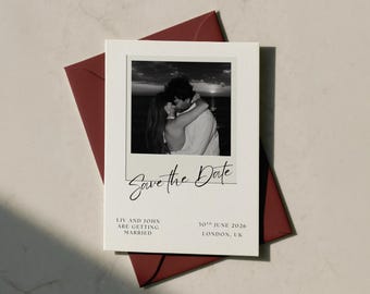 Sjabloon voor Save the Date met foto, bewerkbare trouwuitnodiging in Canva, minimalistische Save the Date in zwart-wit, moderne digitale download, Polaroid
