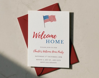 May include: A white rectangular invitation card with a red envelope. The card features a small American flag graphic and the text: Welcome HOME, PLEASE JOIN US FOR Charlie's Welcome Home Party, SATURDAY 5TH OCTOBER | 3PM, HOUSE 4, ANY ST., ANY CITY, RSVP LEA 12345678.